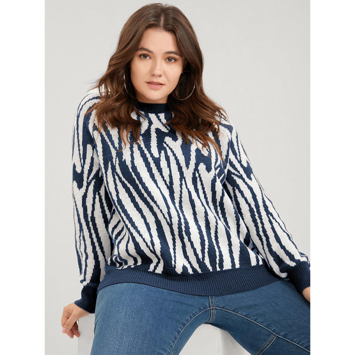 Plus Size Zebra Print Pointelle Knit Raglan Sleeve Jacquard Knit Top Midnight Women Casual Long Sleeve Round Neck Everyday Pullovers BloomChic 12/L Product Image