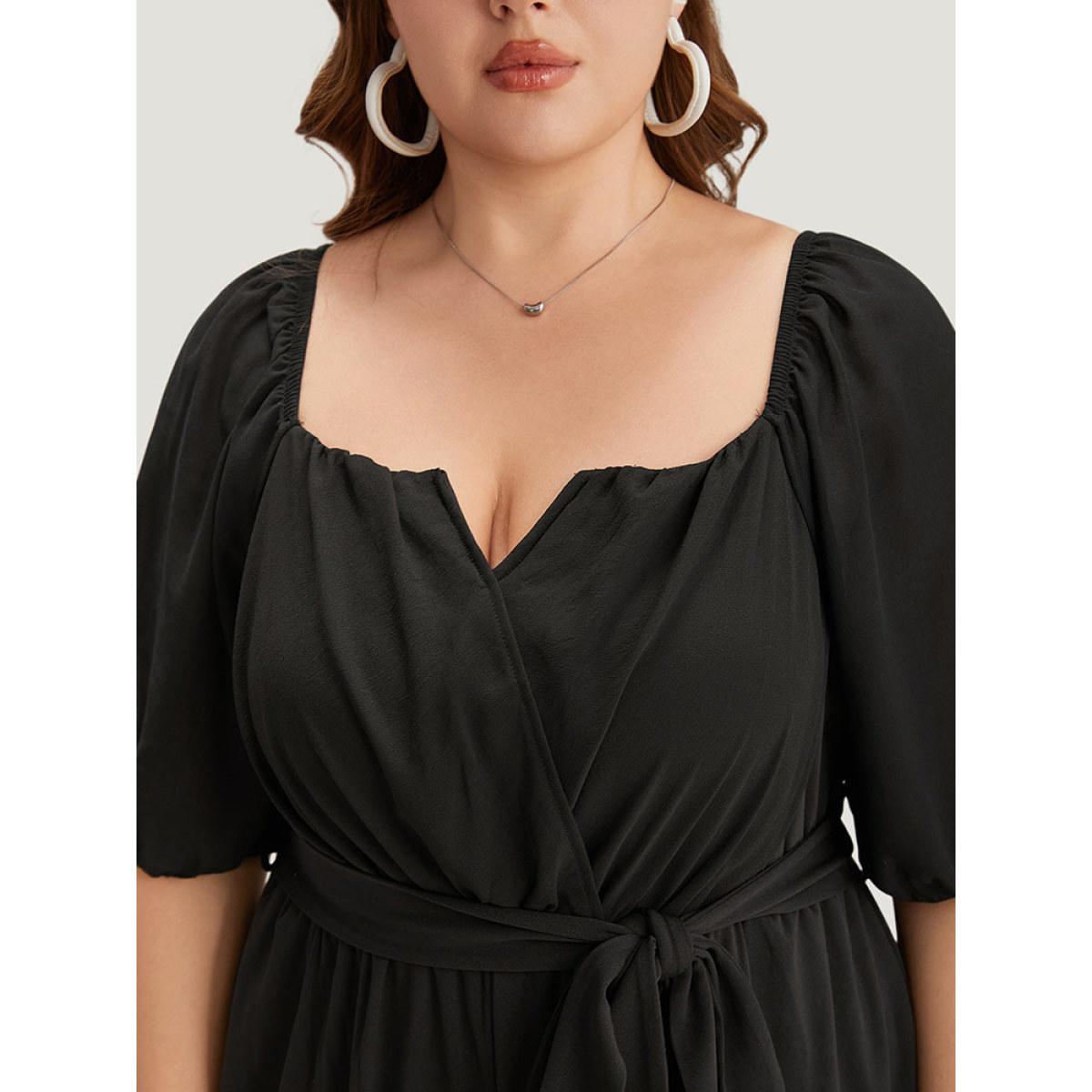 Plus Size Black Plain Square Neck Pocket Belted Zipper Jumpsuit Women Elegant Short sleeve Square Neck Dailywear Loose Jumpsuits BloomChic 10/M Product Image