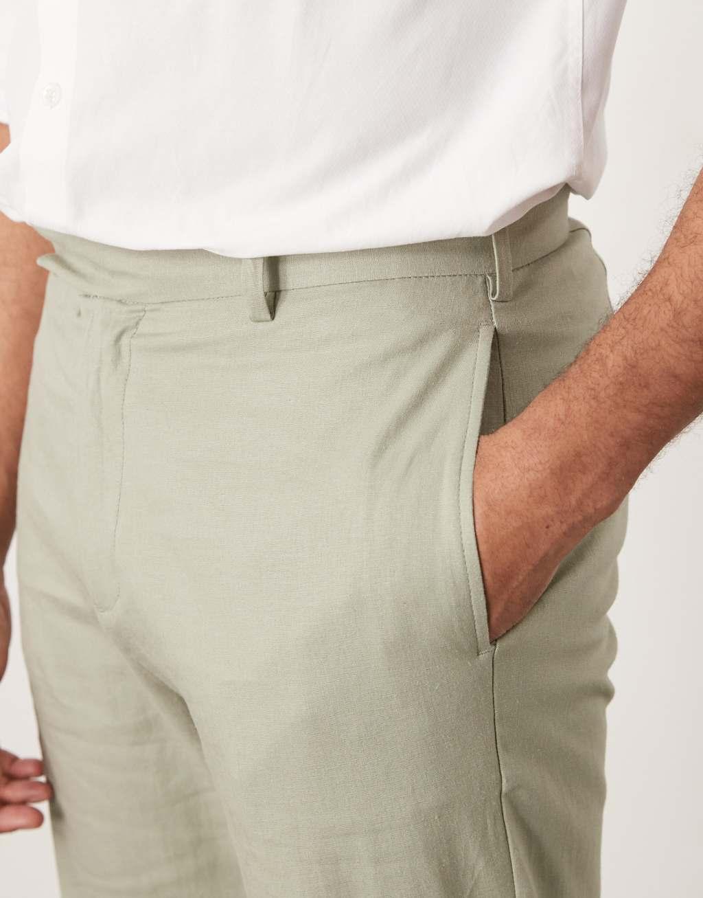 ASOS DESIGN smart tapered fit linen blend pants in sage green with turnups Product Image