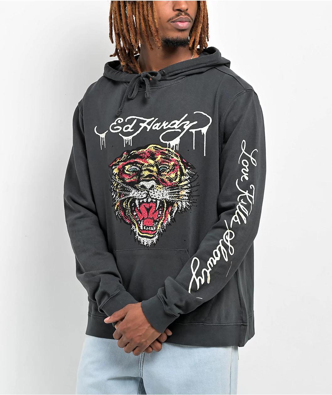 Ed Hardy Rhinestone Tiger Black Hoodie Product Image