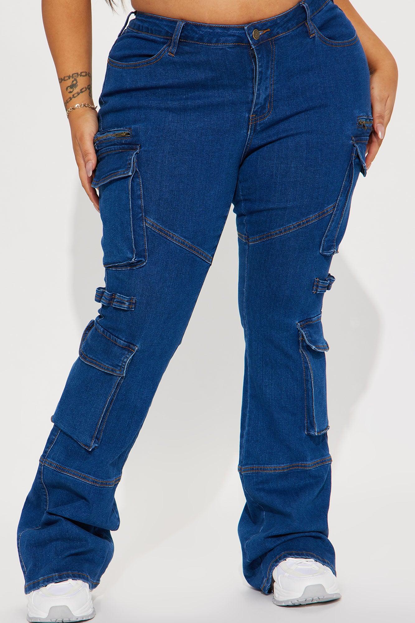 Warning You Mid Rise Stretch Flare Cargo Jean - Dark Wash Product Image