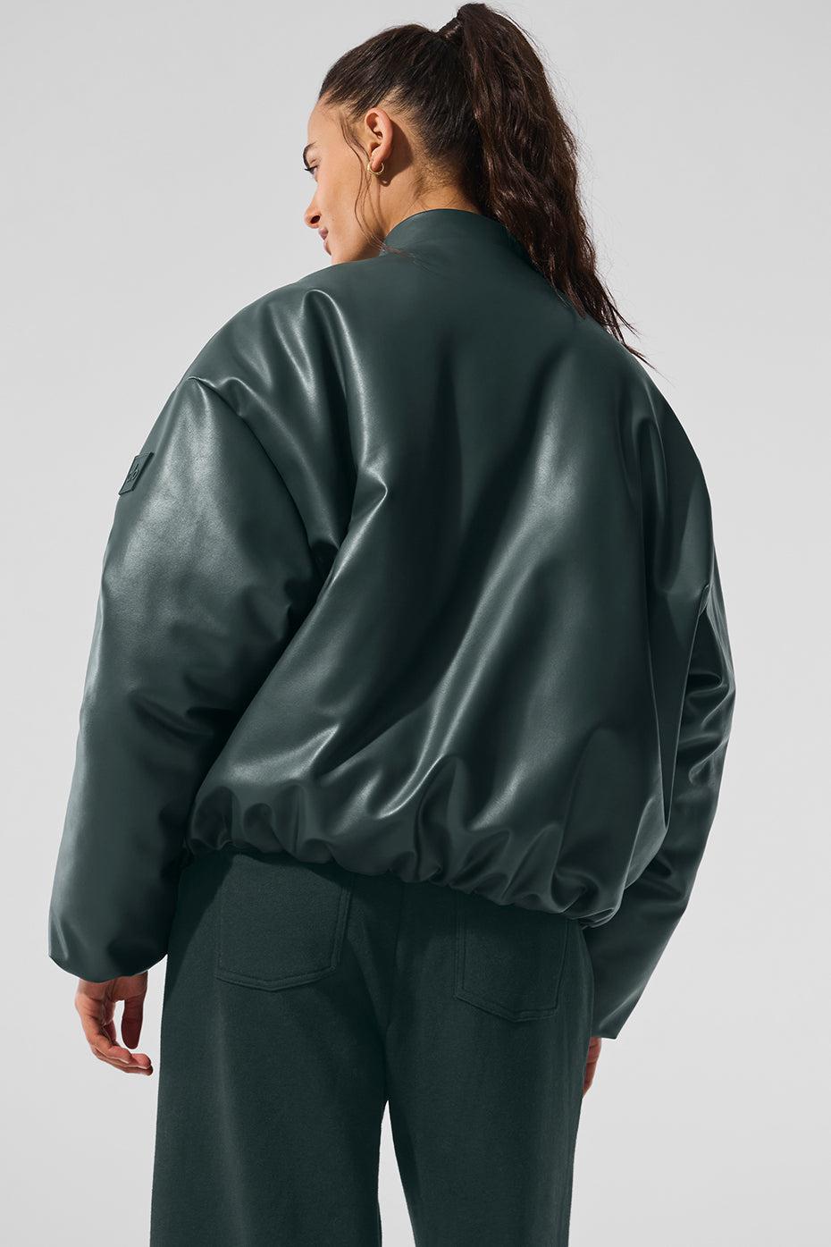 Faux Leather Premier Bomber - Charcoal Green Female Product Image