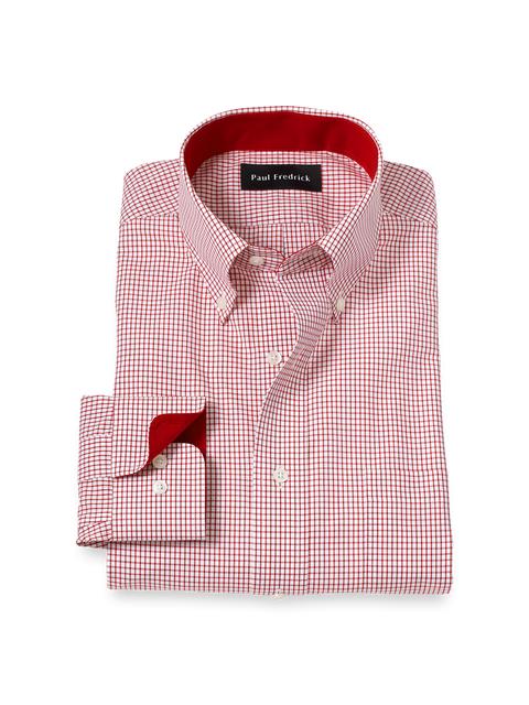 Non-Iron Cotton Check Dress Shirt With Contrast Trim - Red/white Product Image