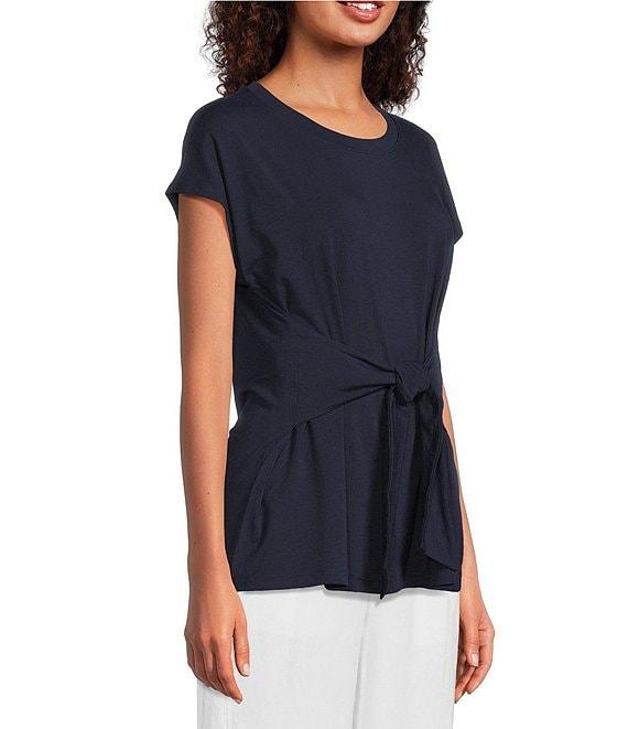 Eileen Fisher Fine Stretch Jersey Knit Round Neck Short Sleeve Tie Front Top Product Image