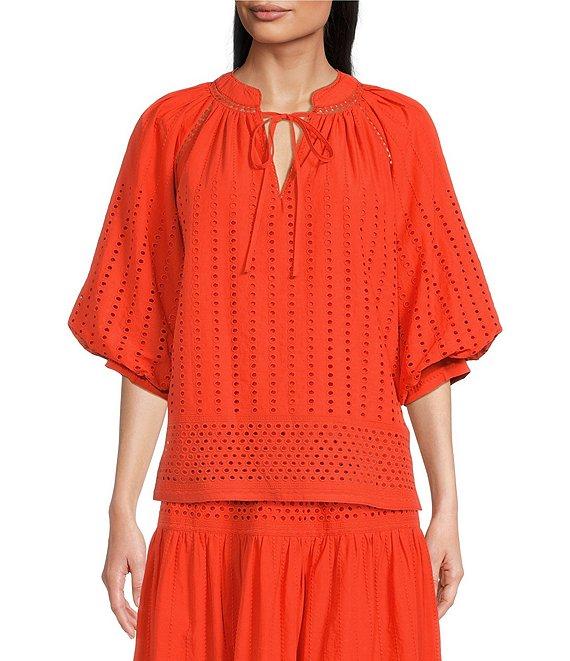 Gibson & Latimer Eyelet Woven Tie Split V-Neck 3/4 Bubble Sleeve Coordinating Blouse Product Image