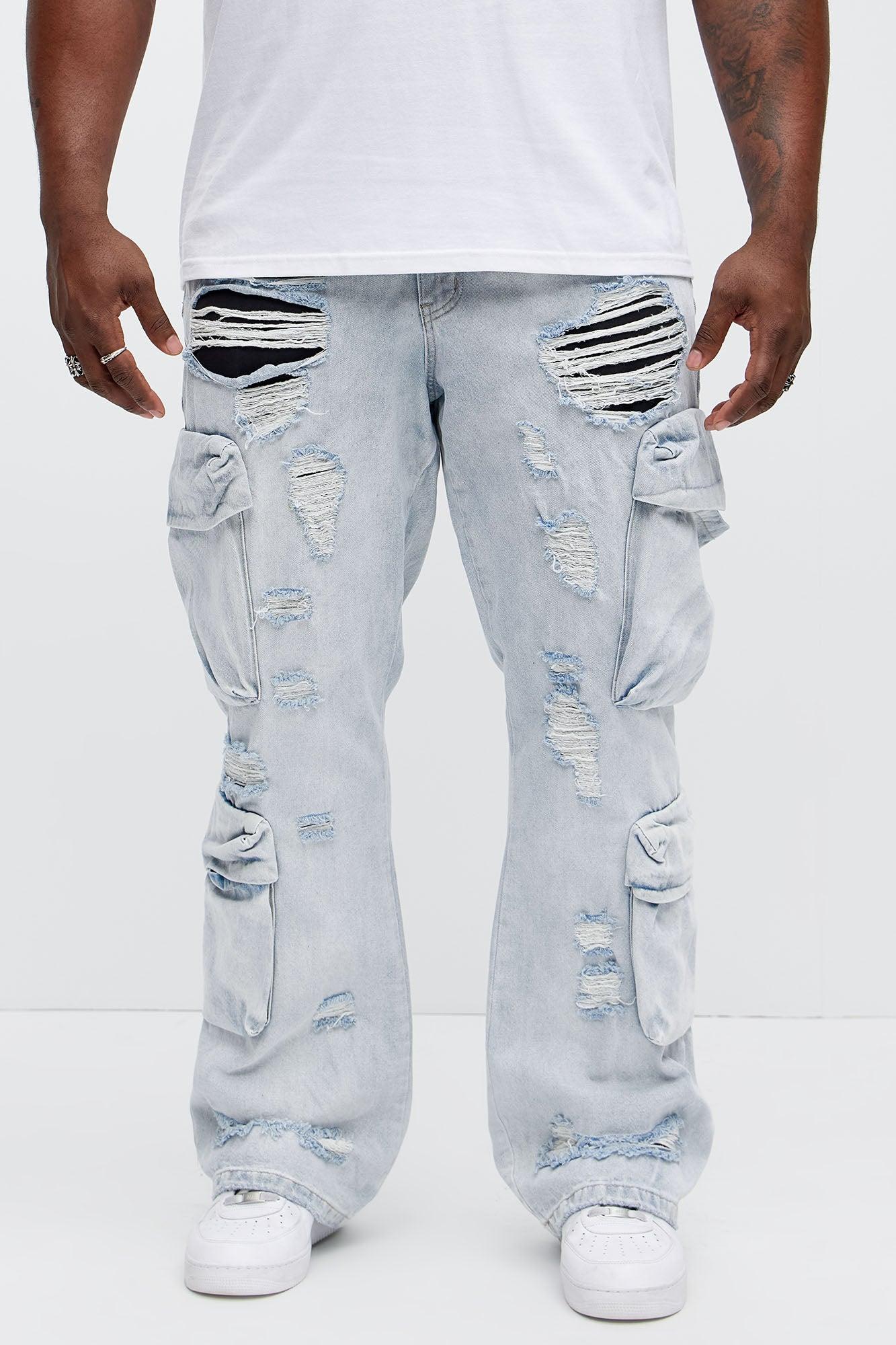 Xavier Distressed Stacked Slim Flare Jeans - Light Blue Wash Product Image