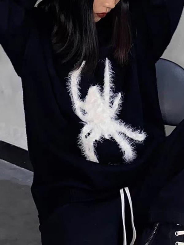 Plush Spider Print Loose Sweater Product Image