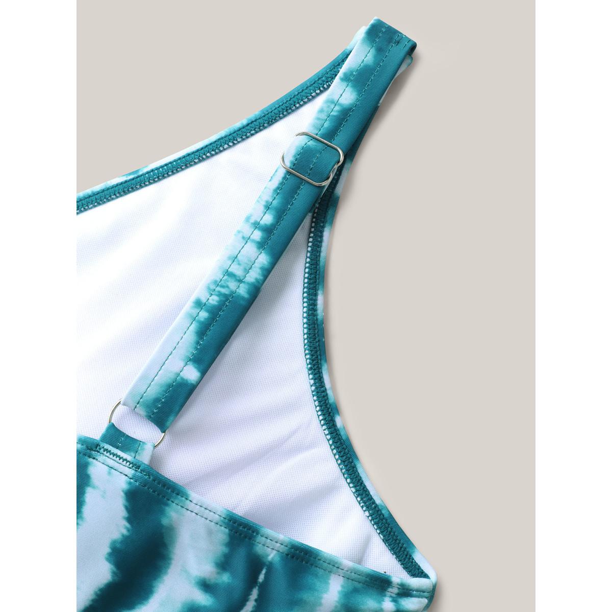 Plus Size Tie-Dye Mesh Overlap Swim Dress Women's Swimwear Teal Resort Bodycon Overlap Collar High stretch Curve Swim Dresses BloomChic 10/M Product Image