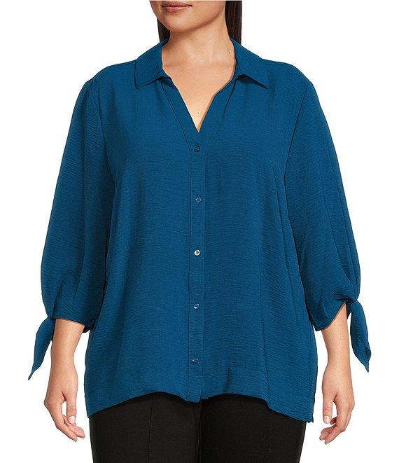 Slim Factor by Investments Plus Size Nicole Point Collar Y-Neck 3/4 Tie Sleeve Button Front Top Product Image