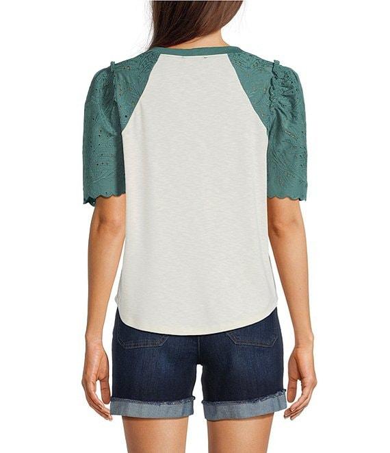 Democracy Mix-Media Scoop Neck Embroidered Elbow Puff Sleeve Top Product Image