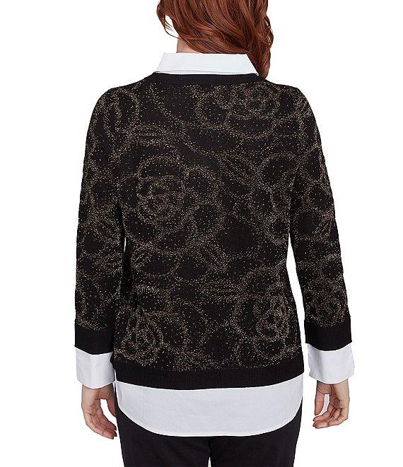 Ruby Rd. Mixed Media Metallic Floral Jacquard Collared Long Sleeve Pullover Layered Sweater Product Image