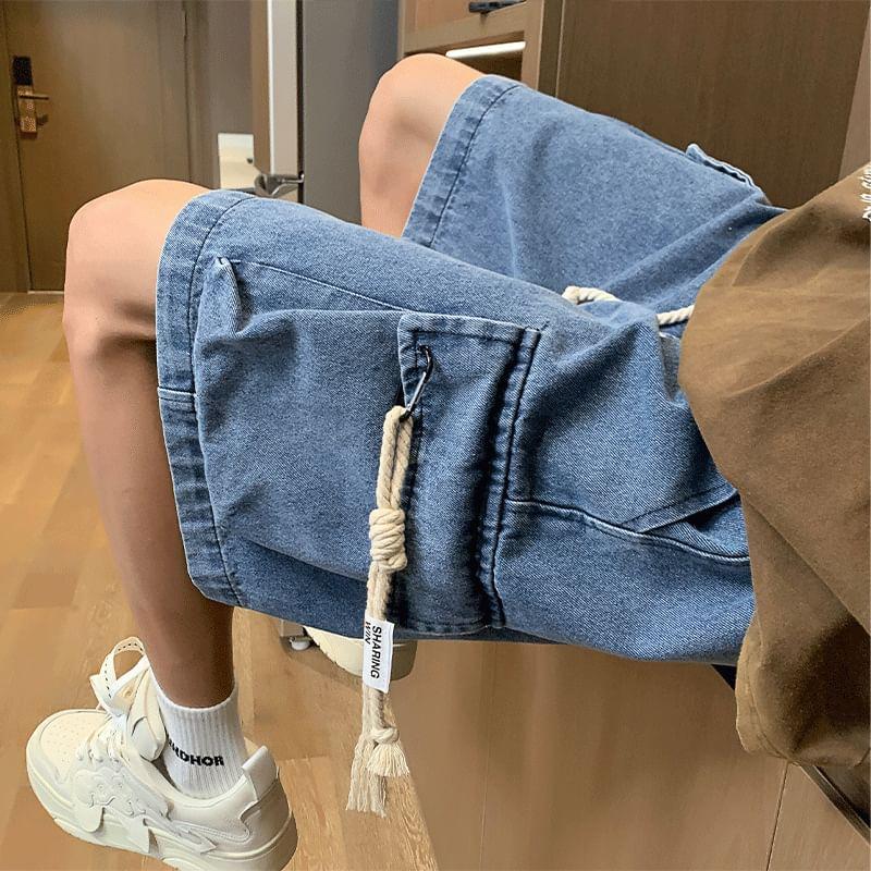 Drawstring Waist Washed Denim Wide Leg Cargo Shorts Product Image