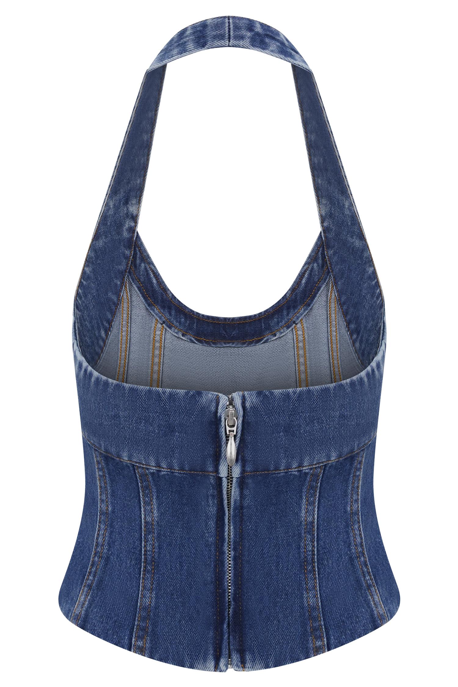 Meadow Denim Corset Halter Top - Dark Blue Product Image