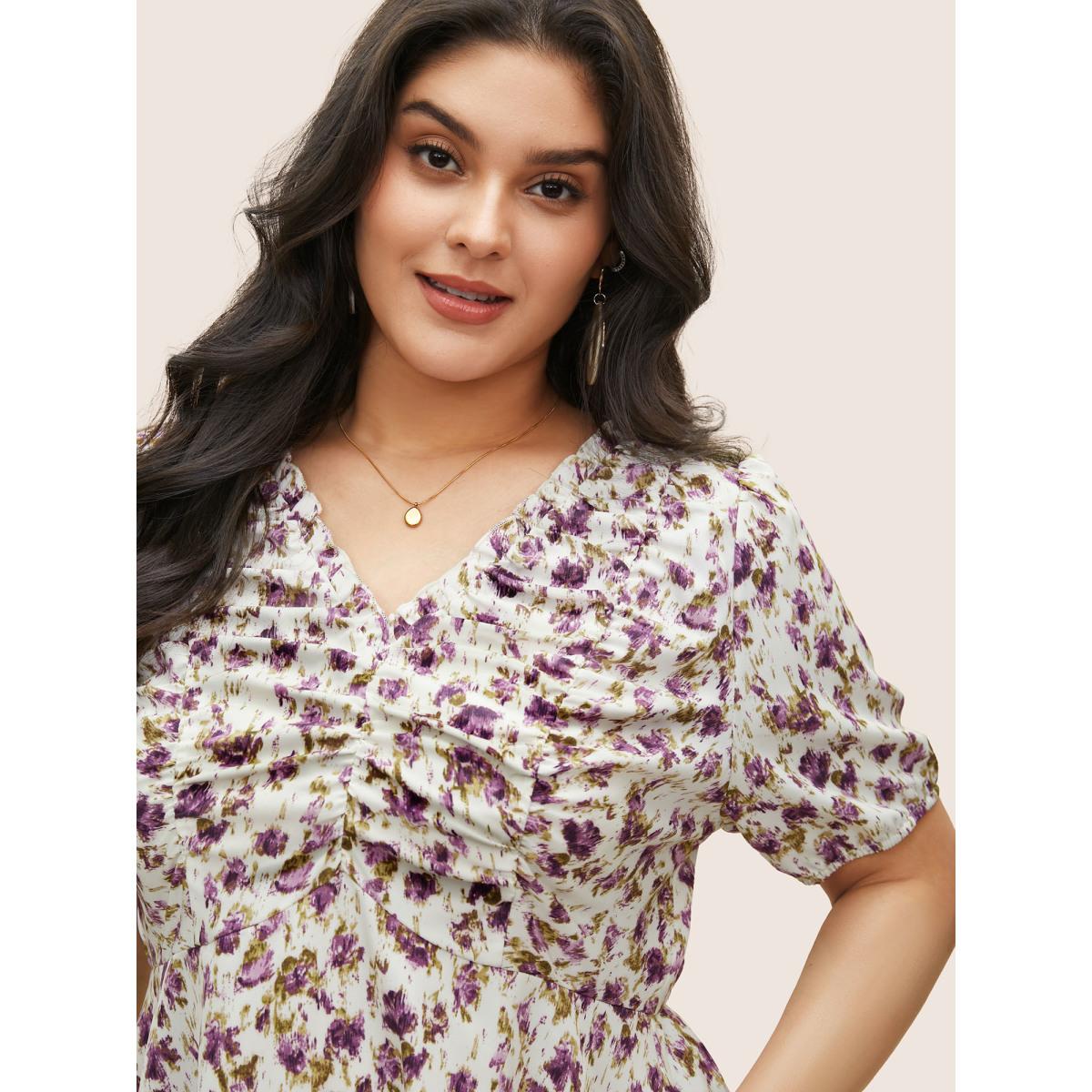 Plus Size Mauve Pixel Flower Ruched Ruffle Trim Blouse Women Elegant Short sleeve V-neck Everyday Blouses BloomChic 22-24/3X Product Image
