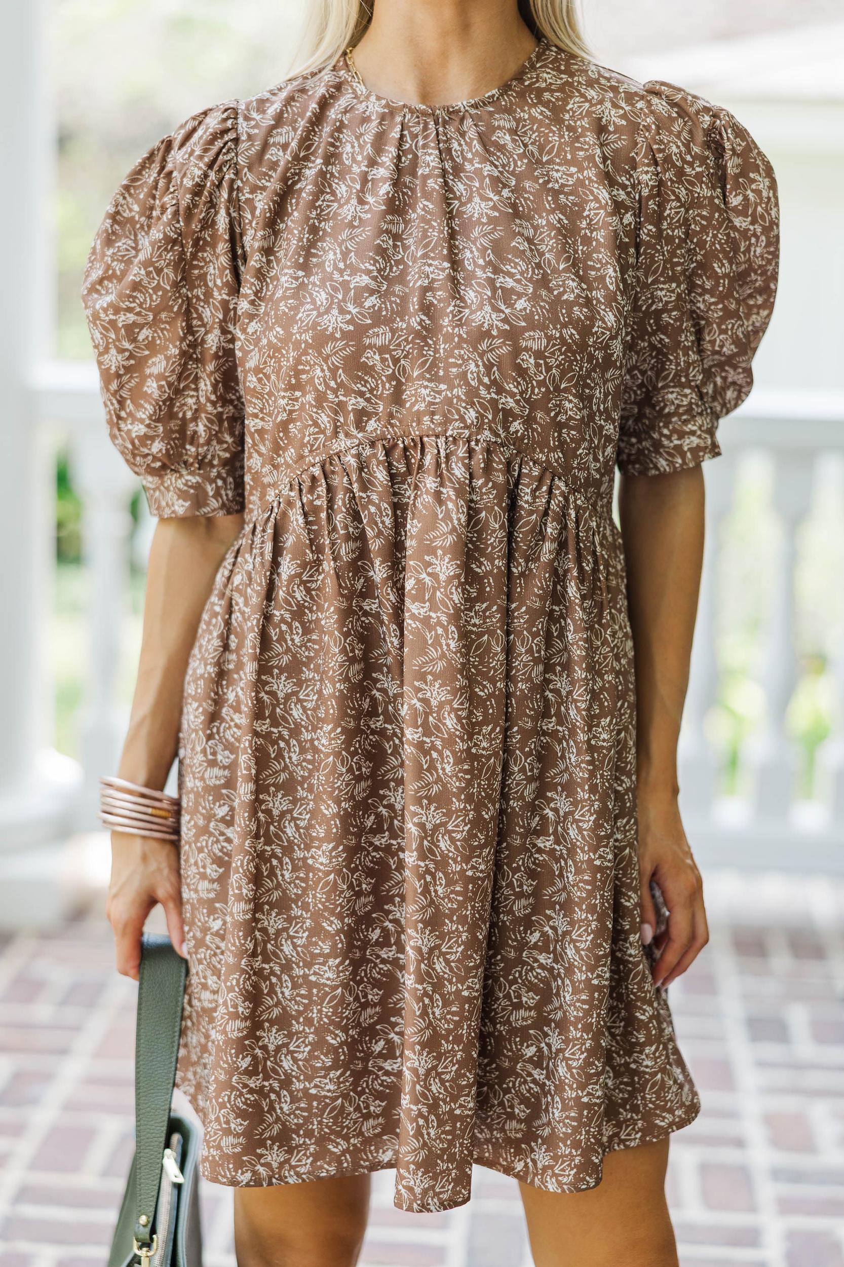Oh So Thankful Butterscotch Brown Ditsy Floral 3/4 Sleeve Dress Female Product Image