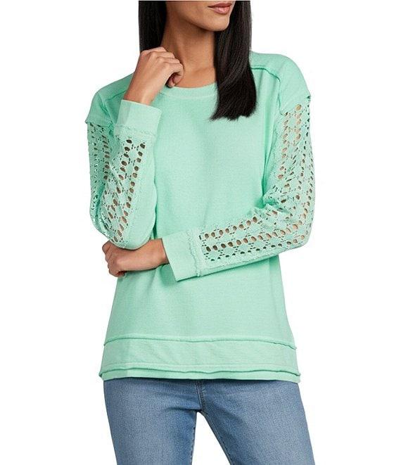 Westbound Lace Inset Long Sleeve Crew Neck Knit Top Product Image