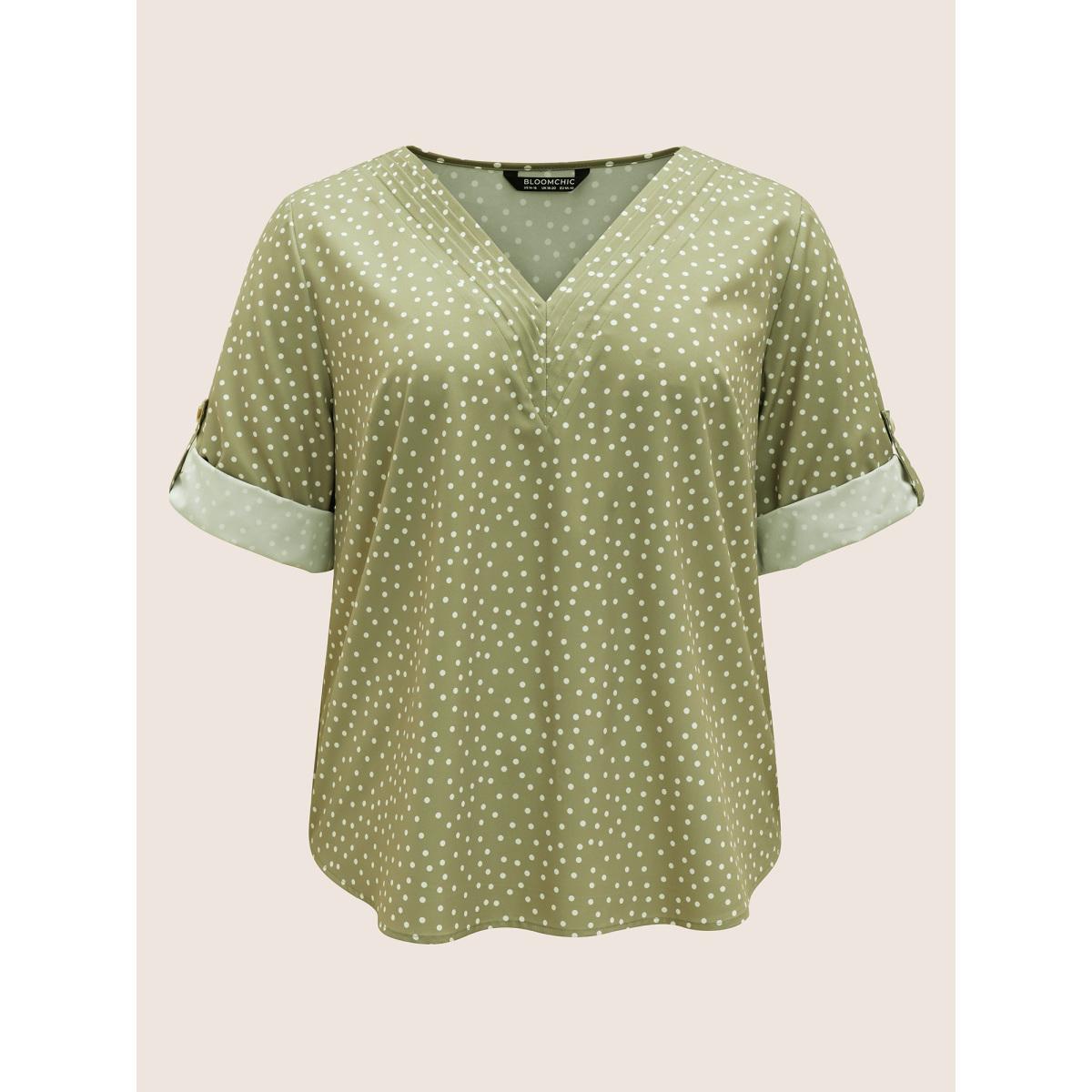 Plus Size Sage Polka Dot Button Cuff Sleeve Pleated Blouse Women At the Office Elbow-length sleeve V-neck Work Blouses BloomChic 18-20/2X Product Image