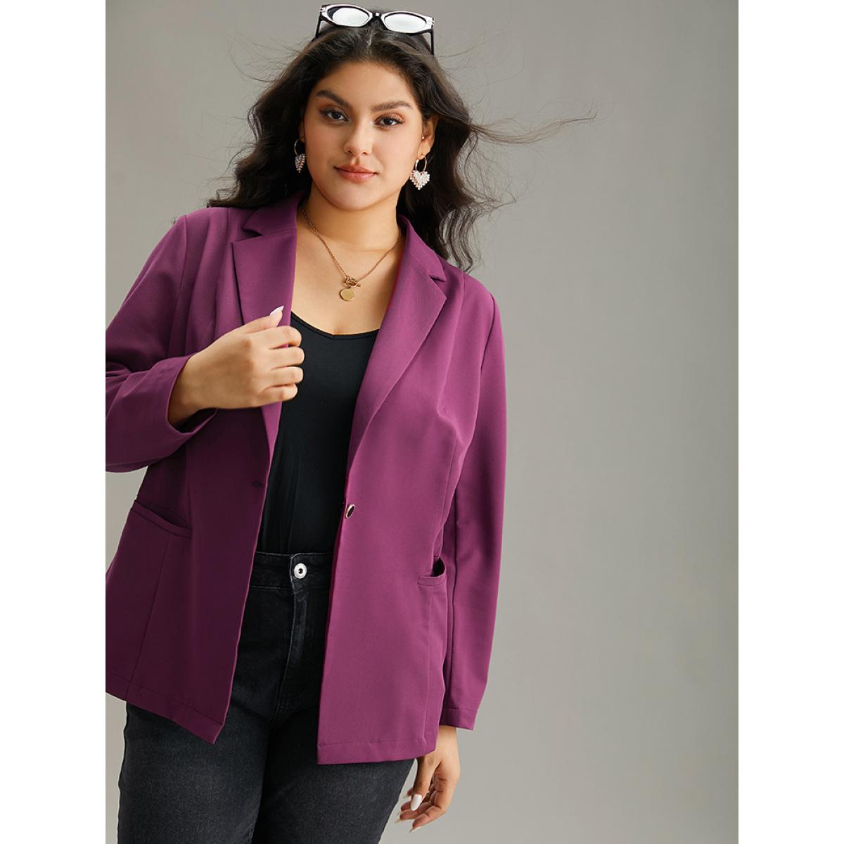 Plus Size Static-Free Plain Suit Collar Pocket Blazer RedViolet Women Work Plain Plain Sleeve Long Sleeve Suit Collar 14-16/1X Pocket At the Office Blazers BloomChic Product Image