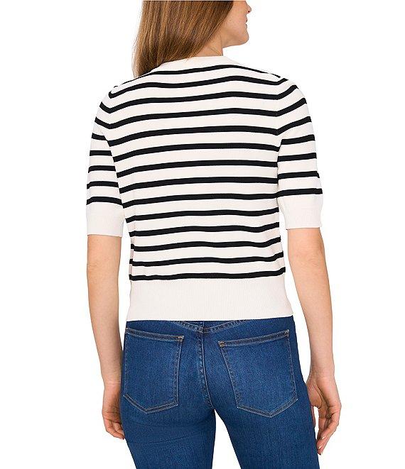 CeCe Striped Crew Neckline Short Sleeve Button Front Cardigan Product Image