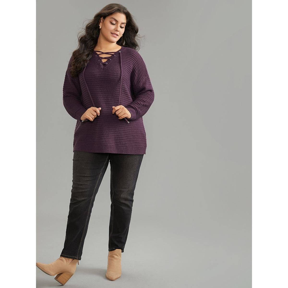 Plus Size Lace Up Plain Plisse Pullover Purple Women Casual Loose Long Sleeve V-neck Dailywear Pullovers BloomChic 10/M Product Image
