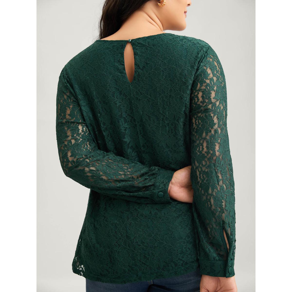 Plus Size DarkGreen Solid Crochet Lace Mesh Crew Neck Blouse Women Timeless Long Sleeve Round Neck Elegant Blouses BloomChic 14-16/1X Product Image