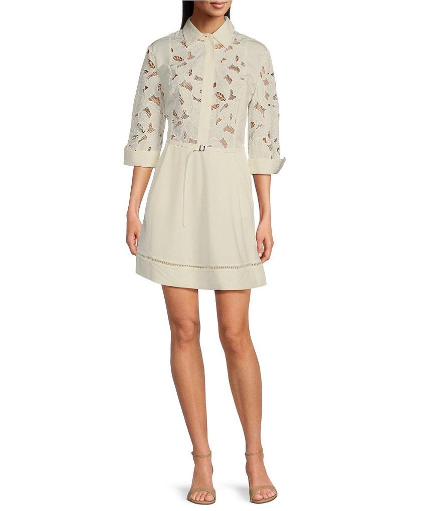 BOSS By Hugo Boss Broderie Anglaise Point Collar Elbow Sleeve Shirt Dress Product Image