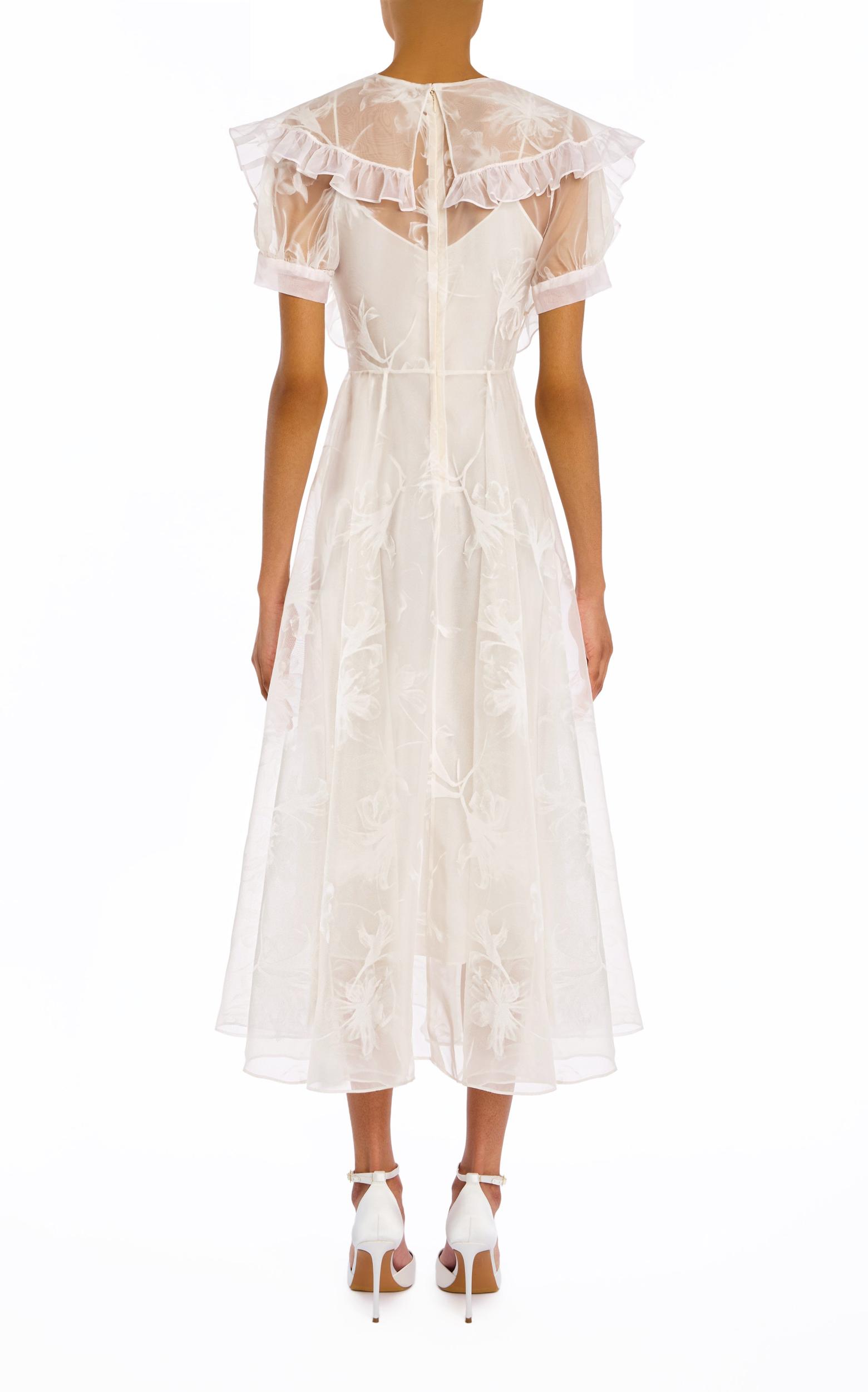 Ruffled Off White Floral Motif Flocked Dress with Flower Product Image