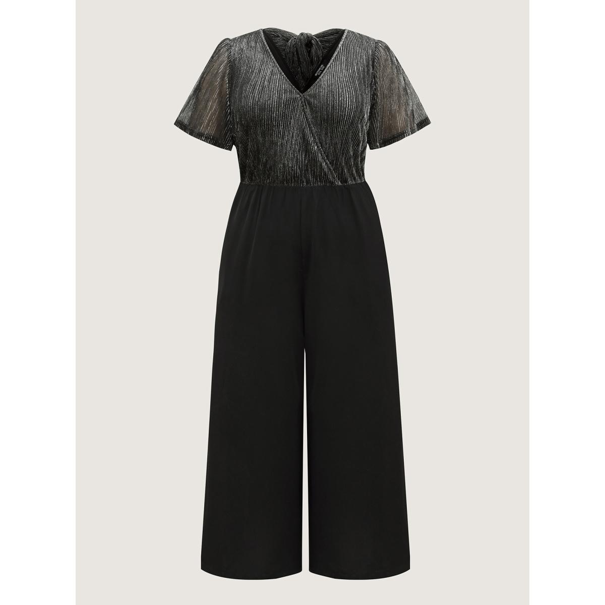 Plus Size Black Shimmery Bow Back Tie Contrast Jumpsuit Women Short sleeve Overlap Collar Party Loose Jumpsuits BloomChic 22-24/3X Product Image