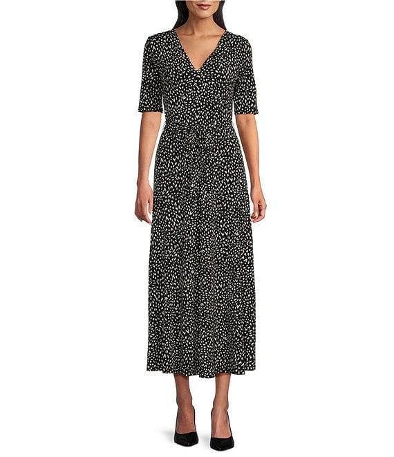 Preston & York Sydney Antelope Print Knit V-Neck Short Sleeve Tie Waist Faux Wrap Midi Dress Product Image