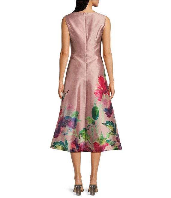 Kay Unger Marlene Metallic Organza Floral Print Split V Neck Sleeveless A-Line Midi Dress Product Image