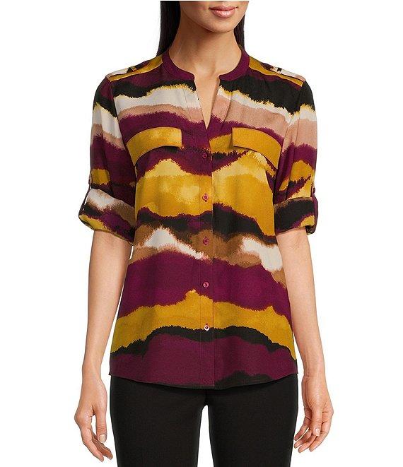Calvin Klein Abstract Printed Split V Neckline Roll Tab Long Sleeve Blouse Product Image