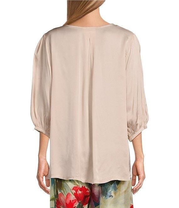 Bryn Walker Lucinda Satin Viscose Round Neck 3/4 Sleeve High-Low Shirt Product Image