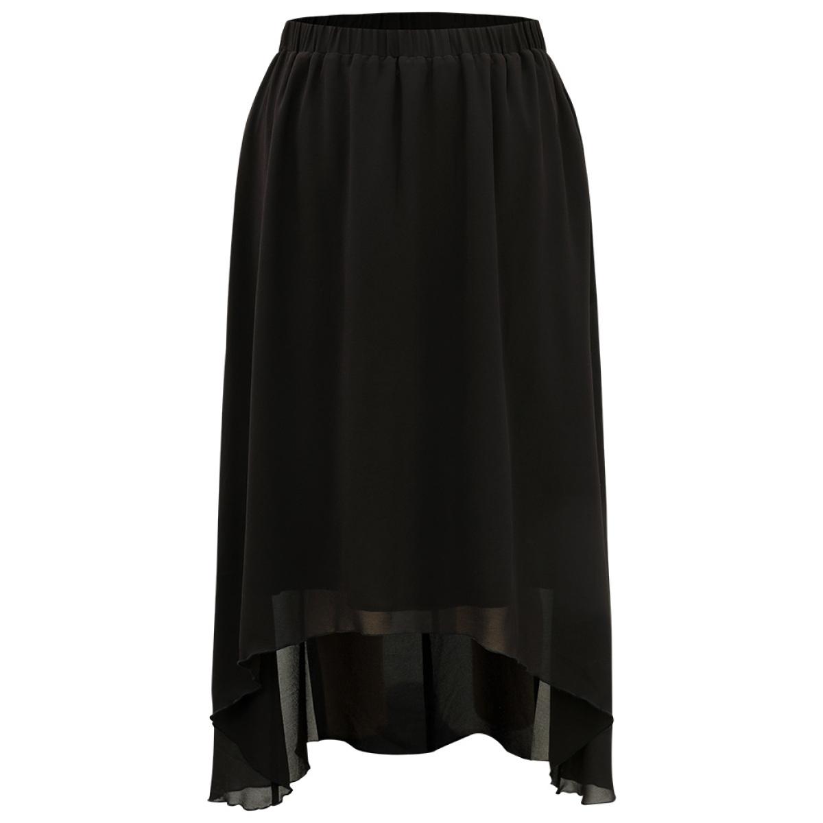 Plus Size Plain Elastic Waist Pocket Mesh High Low Hem Skirt Women Black Elegant Elastic Waist Loose Low stretch Dailywear Skirts BloomChic 10/M Product Image