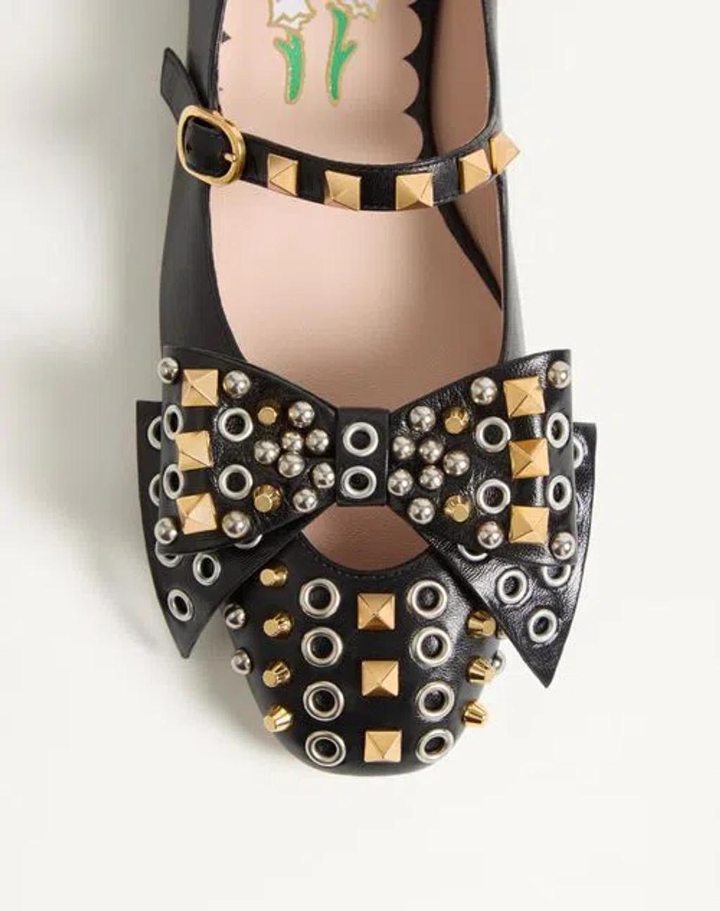 VALENTINO GARAVANI Mary-jane Bowow Ballerina In Kidskin With Studs Woman Black 35 In Multi Product Image