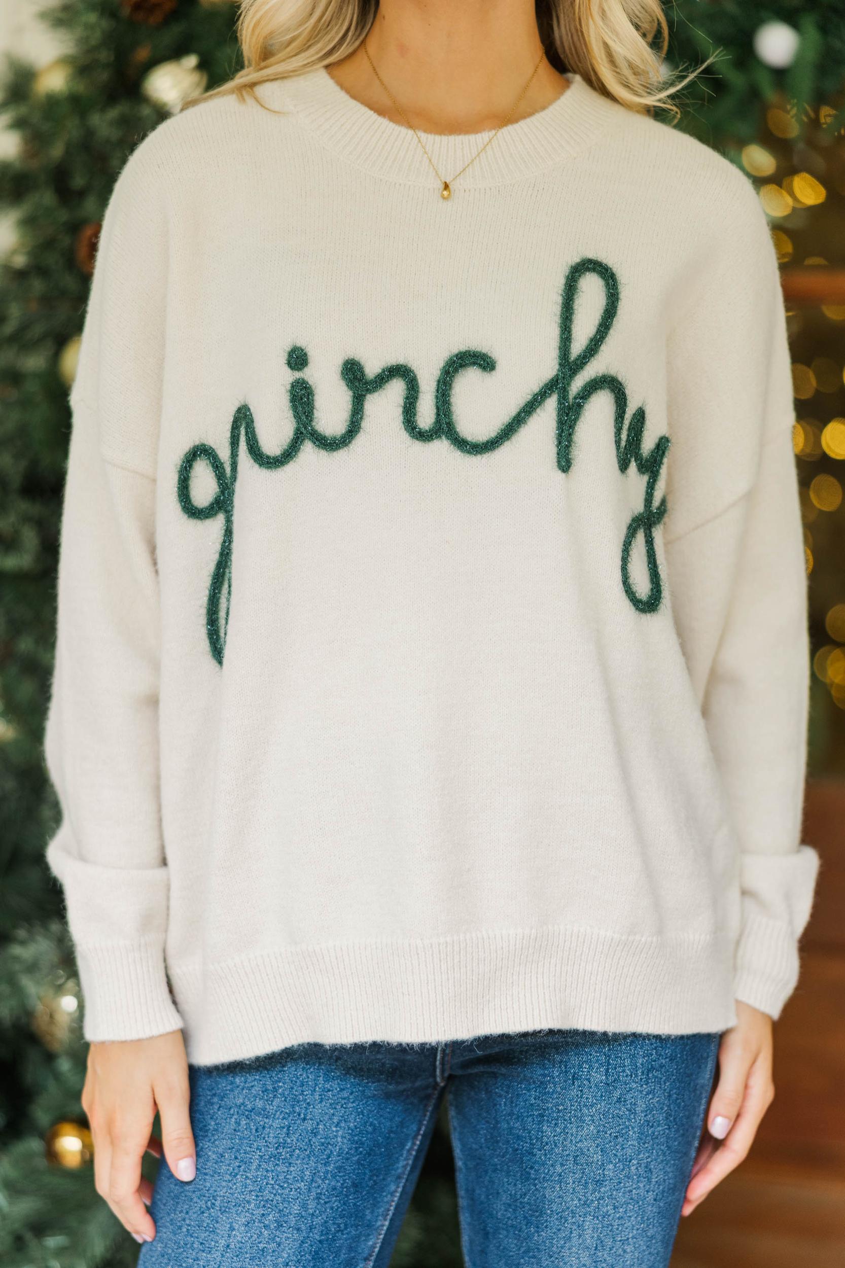 Feeling Grinchy Cream White Script Sweater Female Product Image