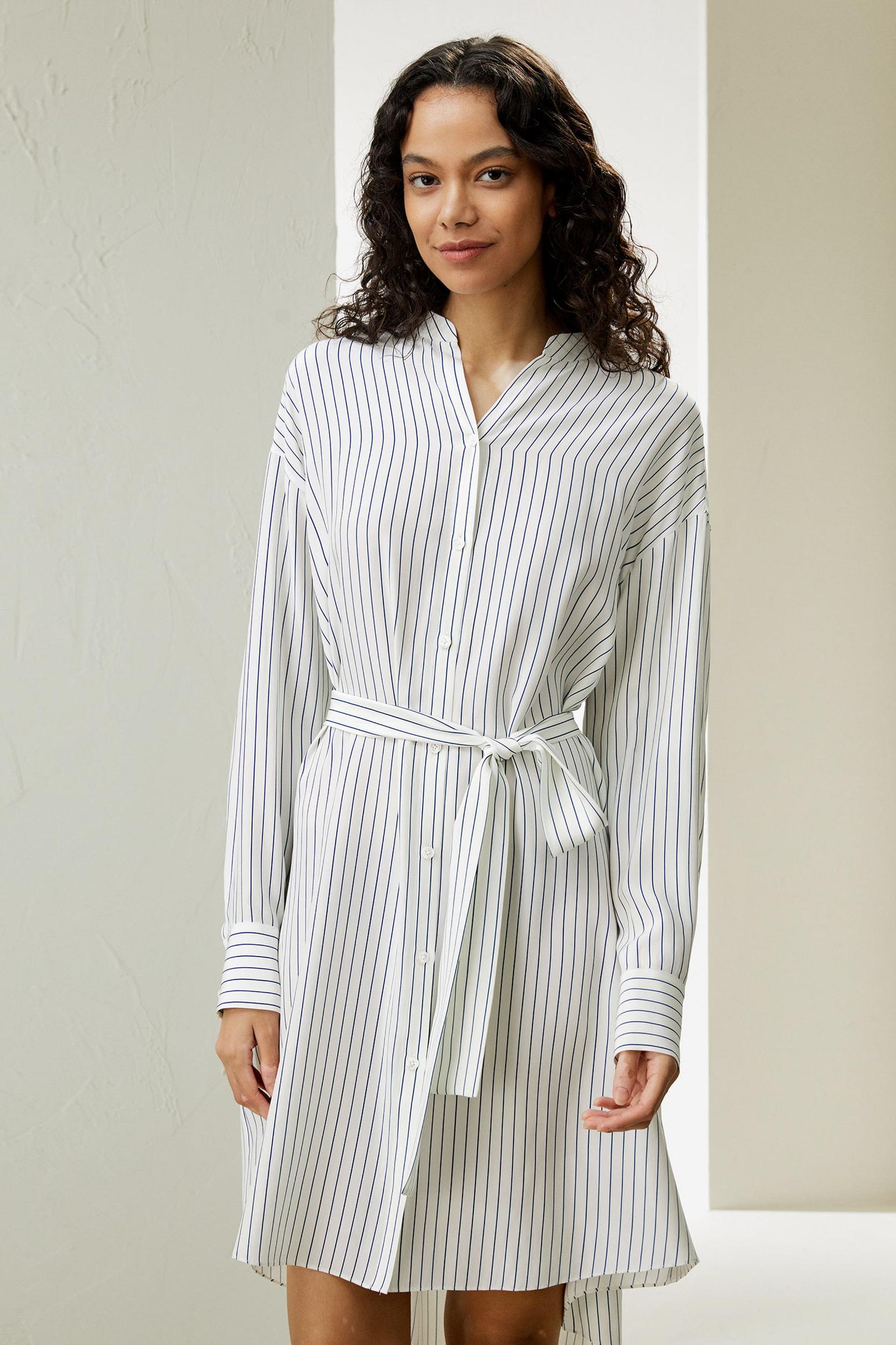 Pinstriped Silk Shirtdress with Belt Product Image