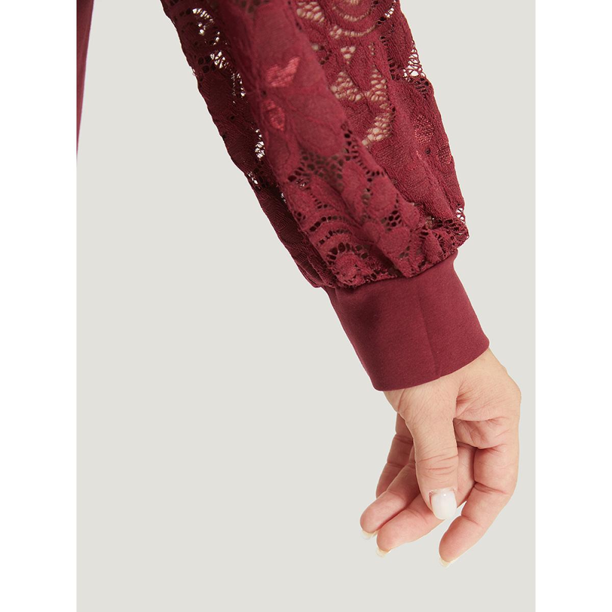 Plus Size Solid Crochet Lace Mesh Round Neck Sweatshirt Women Scarlet Elegant Elastic cuffs Round Neck Dailywear Sweatshirts BloomChic 28/5X Product Image