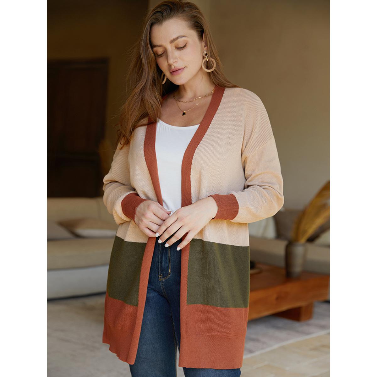 Plus Size Colorblock Contrast Split Side Cardigan Multicolor Women Casual Loose Long Sleeve Dailywear Cardigans BloomChic 14-16/1X Product Image