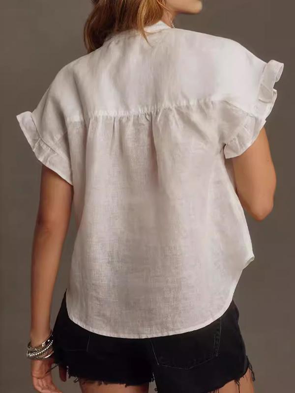 Loose Short Sleeves Pleated Ruffled See-Through Split-Joint Round-Neck Blouses&Shirts Tops Product Image