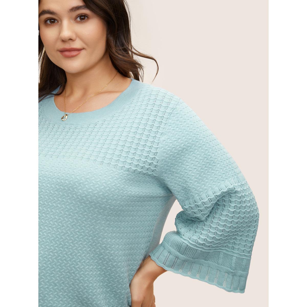 Plus Size Jacquard Hollow Out Crew Neck Bell Sleeve Pullover LightBlue Women Casual Elbow-length sleeve Round Neck Everyday Pullovers BloomChic 14-16/1X Product Image