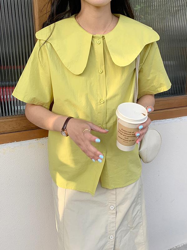 Loose Short Sleeves Solid Color Split-Joint Peter Pan Collar Blouses&Shirts Tops Product Image