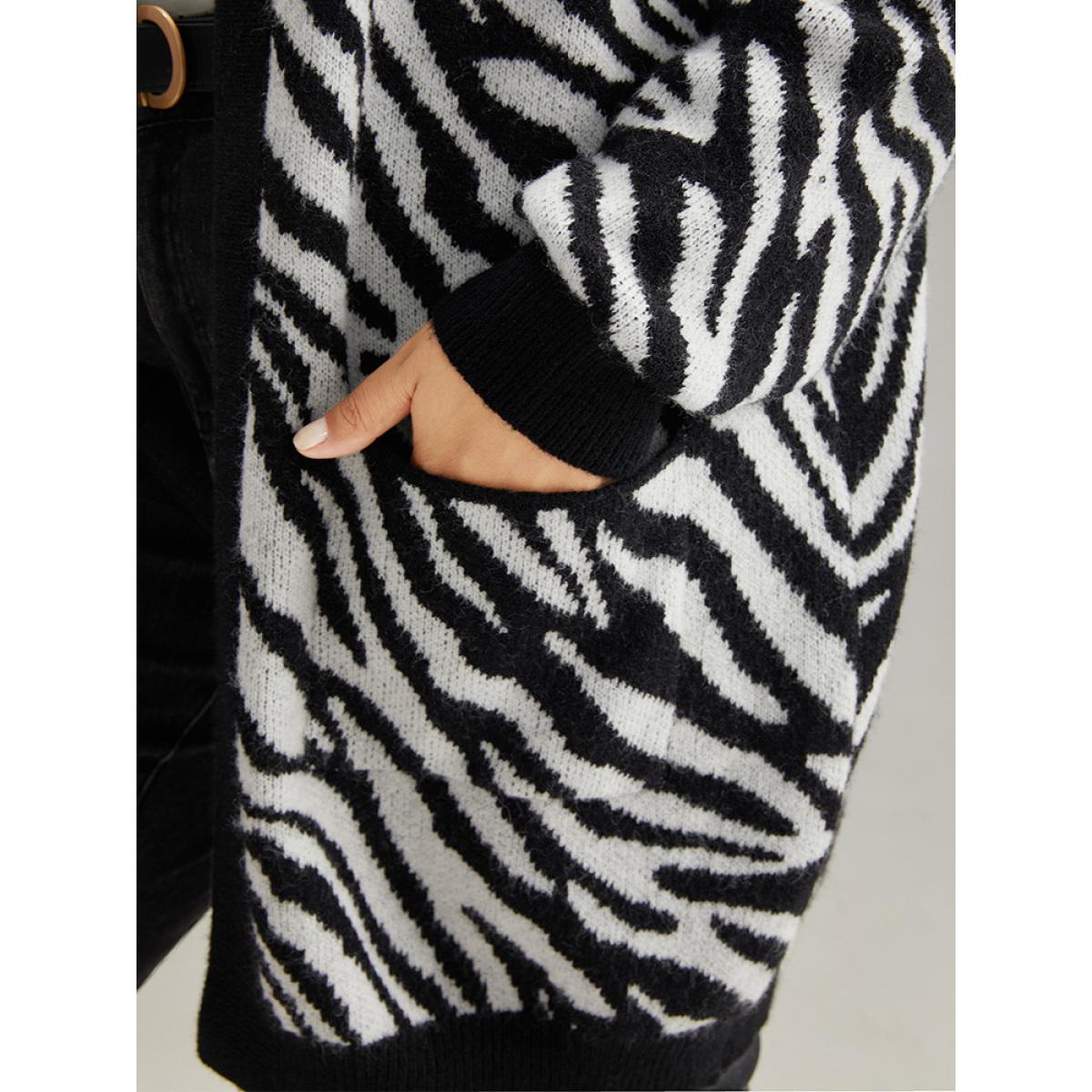 Plus Size Supersoft Essentials Zebra Print Patched Pocket Cardigan Black Women Casual Loose Long Sleeve Dailywear Cardigans BloomChic 28/5X Product Image