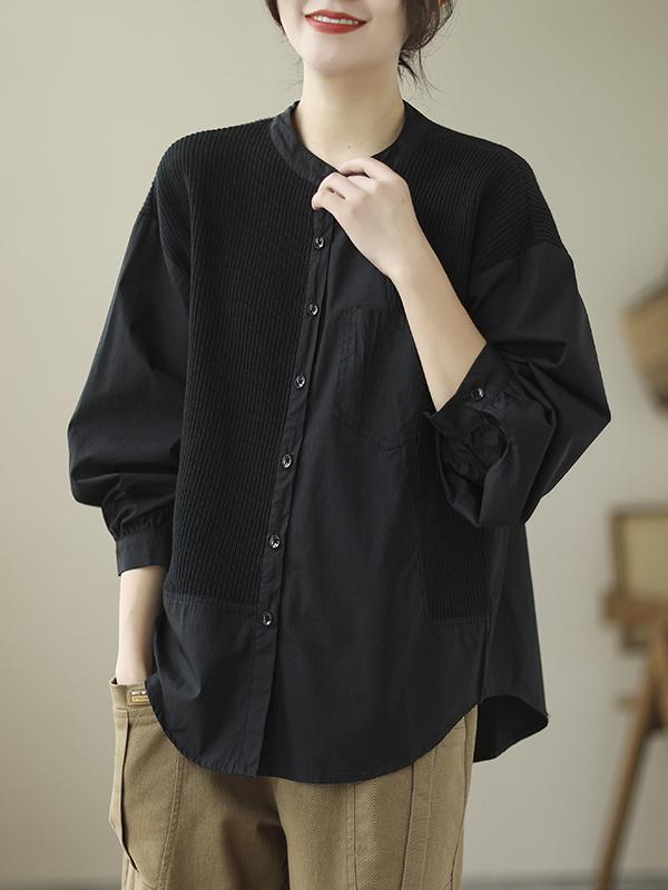 Long Sleeves Loose Asymmetric Buttoned Pockets Split-Joint Round-Neck Blouses&Shirts Tops Product Image