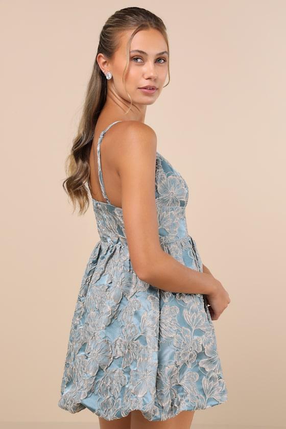 Dreamlike Aura Slate Blue Floral Jacquard Bubble-Hem Mini Dress Product Image