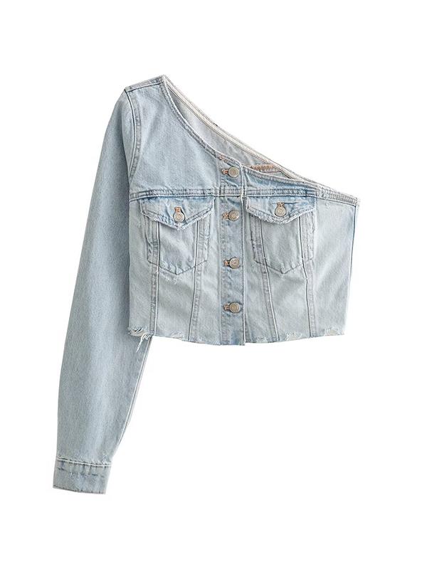 Light Wash Asymmetric Design Denim Short Bandeau Top Product Image