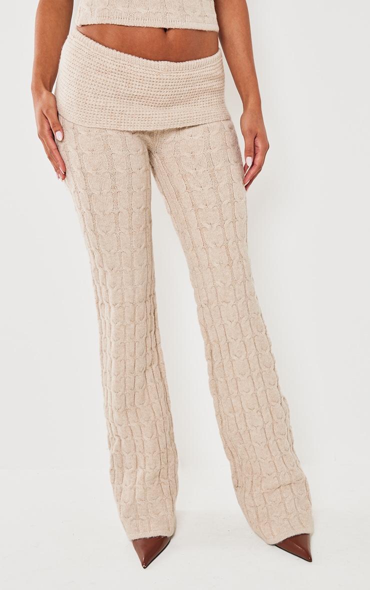 Oatmeal Marl Textured Knit Foldover Wide Leg Pants Product Image