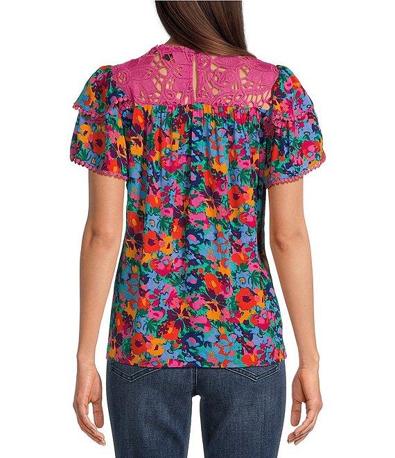 Calessa Garden Floral Round Neck Short Sleeve Lace Detail Top Product Image