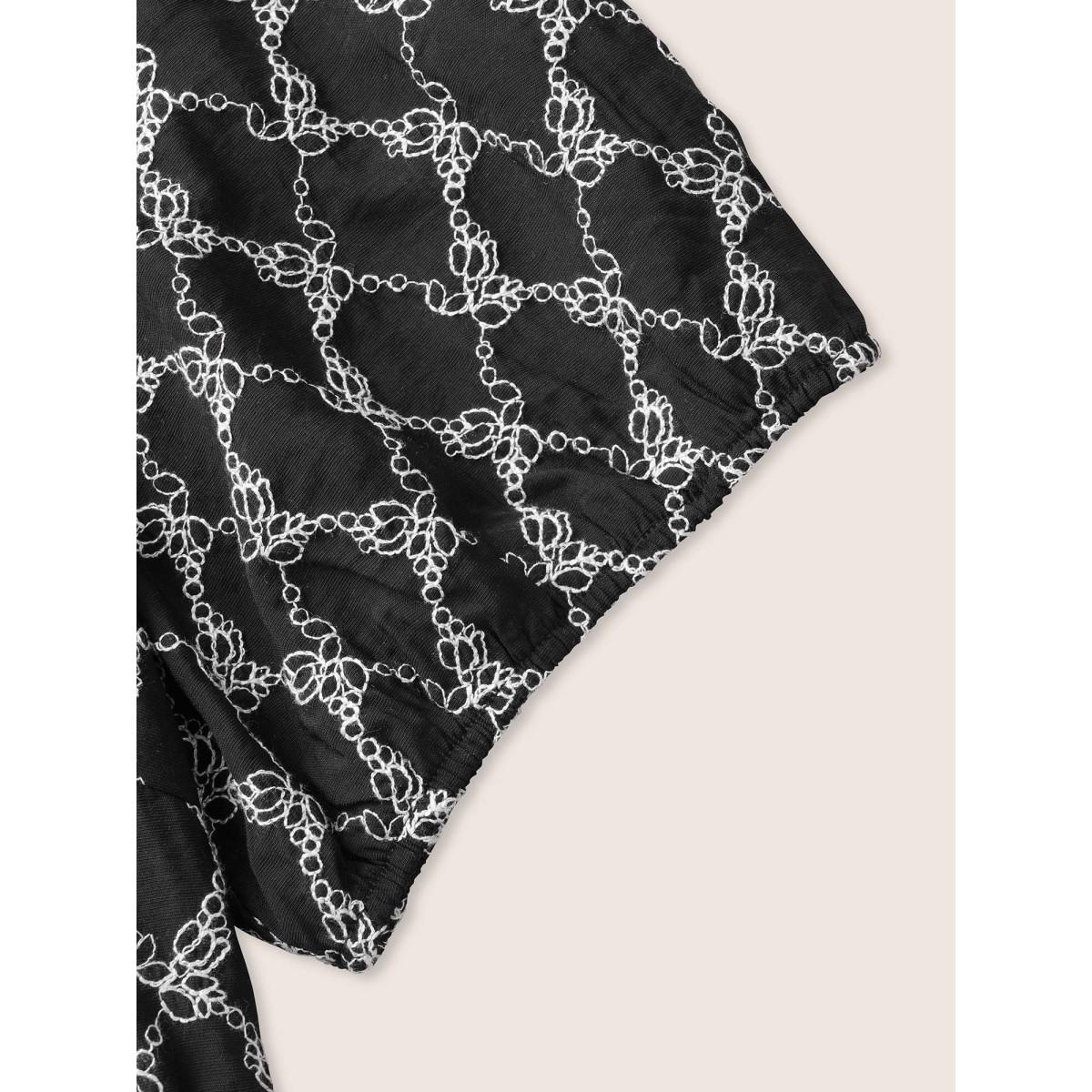 Plus Size Black Embroidered Heart Neckline Lantern Sleeve Blouse Women Casual Short sleeve Heart neckline Everyday Blouses BloomChic 18-20/2X Product Image