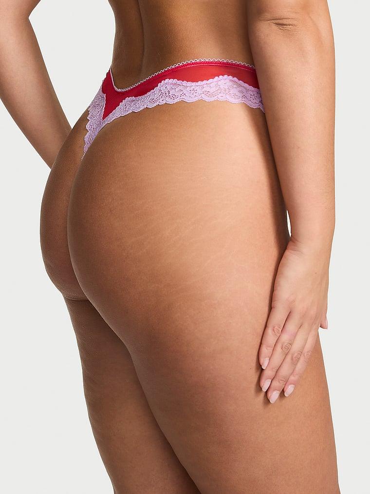 Tease Mesh Lace-Trim High-Leg Thong Panty Product Image