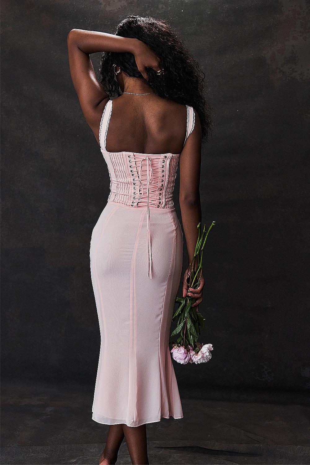 Syrah  soft peach lace back midi dress Product Image
